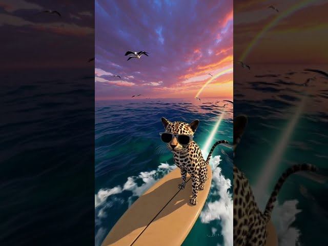 Leopard Cat Riding the Sunset Waves | Surfing Fun