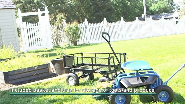 Sunnydaze Rolling Garden Cart with Steering Handle and Swivel Seat - Blue-QH-RCP042-BL