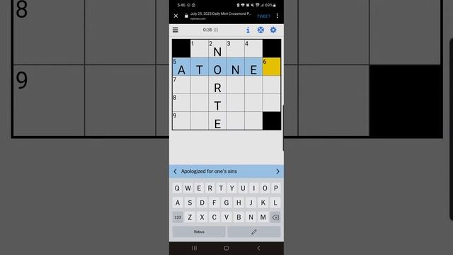 The Mini Crossword New York Times | July 25, 2023 -- EASY!