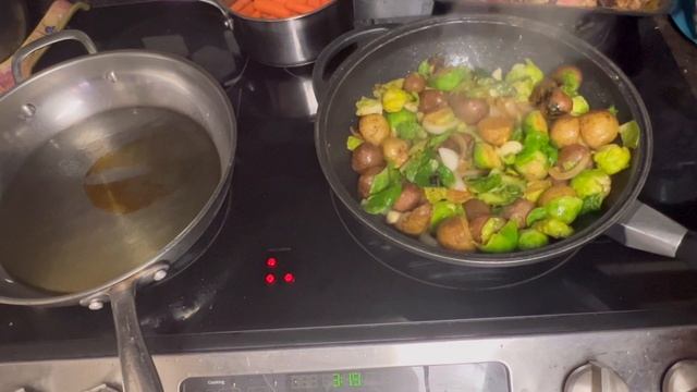 Lamb Chops, Brussel  Sprouts  & Potatoes with Mushrooms and  Salad!