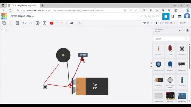 how to #connection #bazzar and #battery #push #button #LED #tinkercad website#