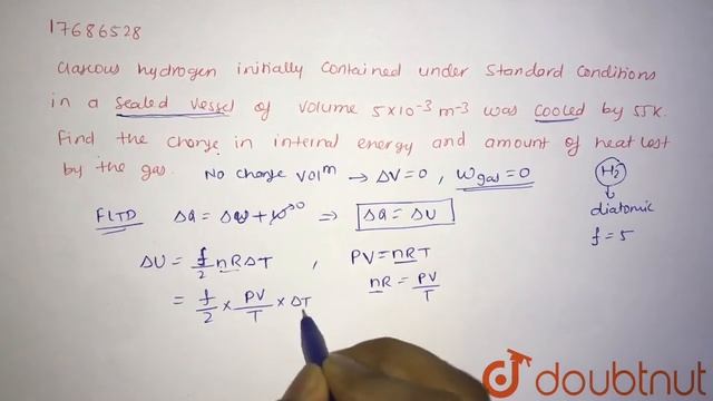 Gaseous hydrogen initially contained under standard conditions in a sealed vessel of volume