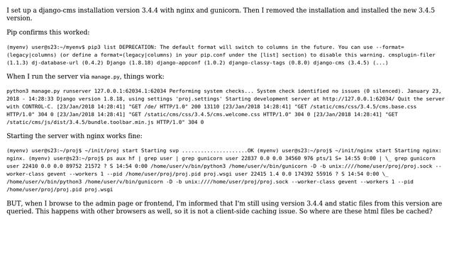 Django CMS using nginx and gunicorn in virtualenv renders html from version 3.4.4 after upgrade...