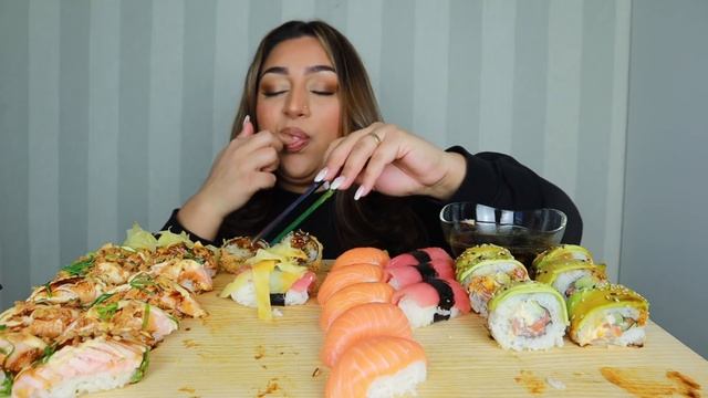 40 PIECE SUSHI MUKBANG | RAW SALMON | SALMON ABURI | TUNA NIGIRI | CRUNCHY ROLL | SHAKE ROLL