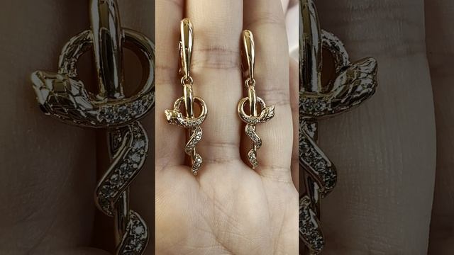 Серьги "Змея обвивающая посох Асклепия" в золоте, Xuping Jewelry