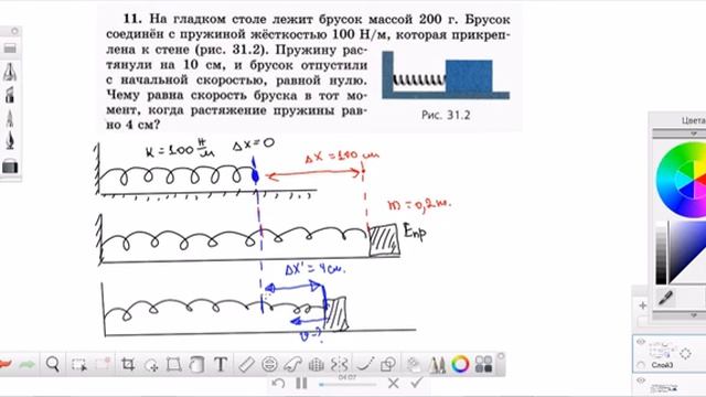 Энергия пружины и бруска(горизонтальный случай)