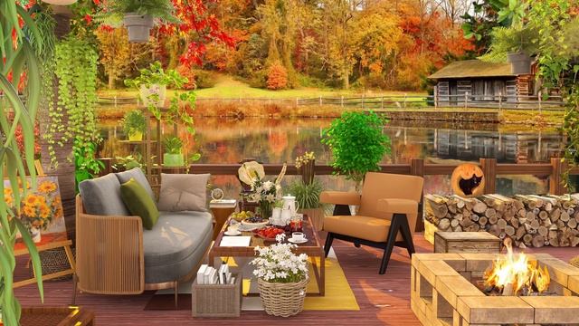 Fall Porch Coffee Shop Ambience w/ Exquisite Jazz Music | Cozy Autumn Forest Soundscape & Fireplace