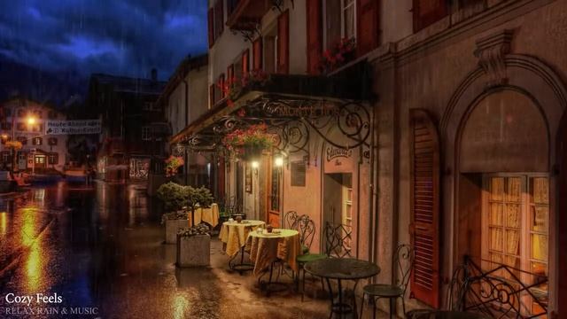 "Our First Date" Rainy Night Outside Coffee Shop Ambience with Relaxing Piano Music and Rain Sounds
