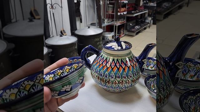 Чайник 2 л с пиалами 4 шт Риштан Синий Мехроб Ручная работа