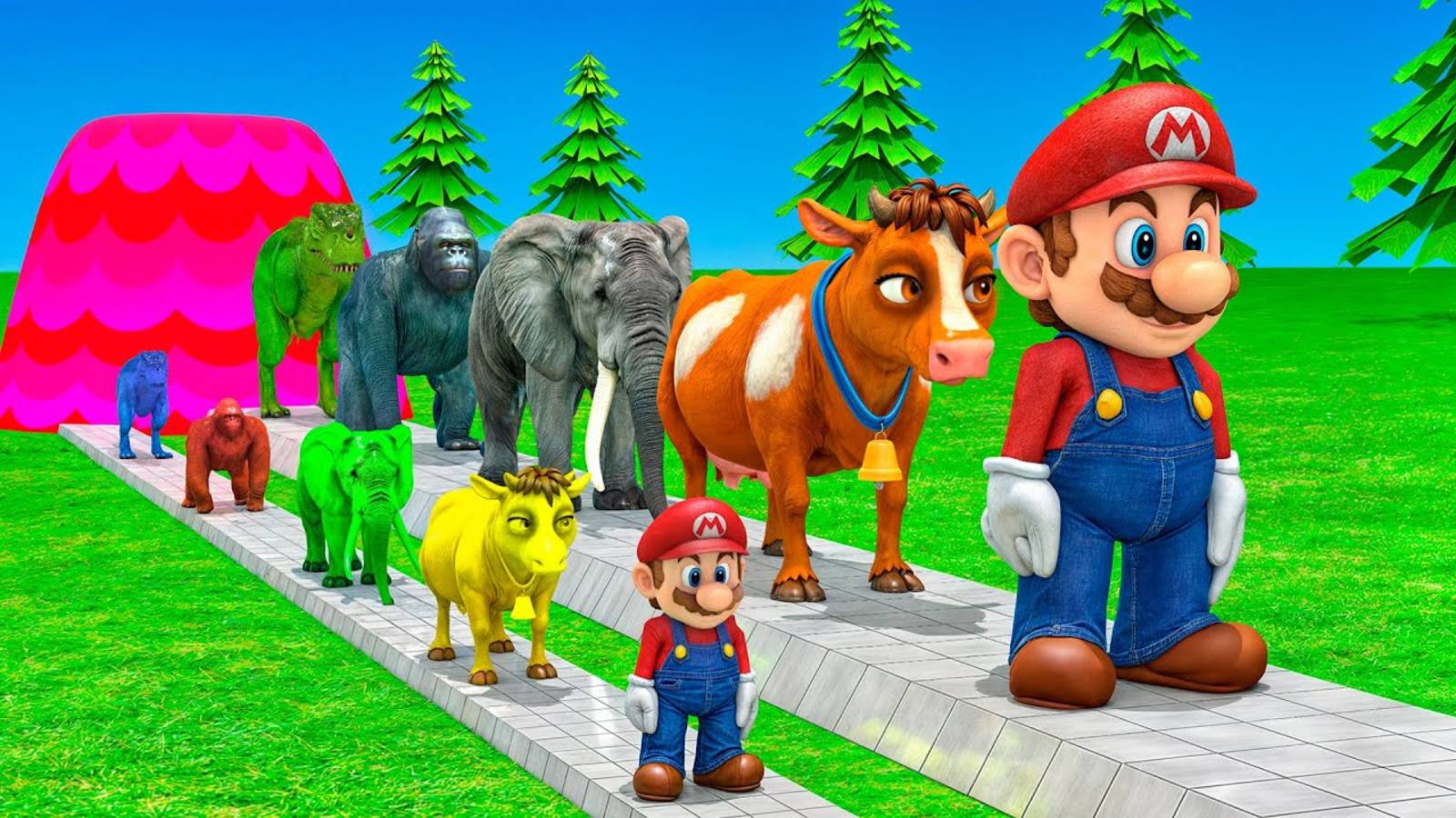 Раскрась Животных с помощью игры Super Mario, Тигра, Коровы, Льва, Гориллы, Слона, Фонтана