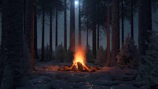 🔥Зимний вечер у костра в лесу | Треск огня и звуки природы 🌲❄️