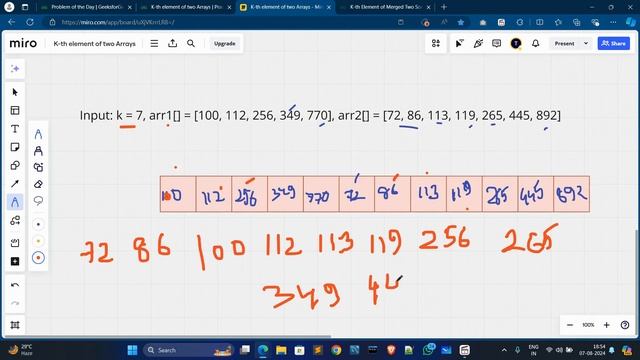 Kth element of two Arrays | gfg potd today | 07-08-2024 | Problem of the day #day131