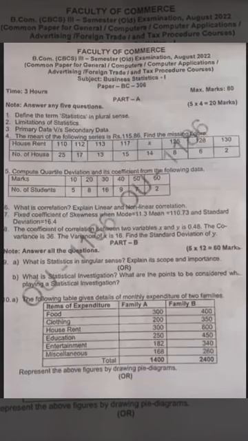 3rd Semester Business Statistics question paper August 2022 #osmaniauniversity #exam #previous