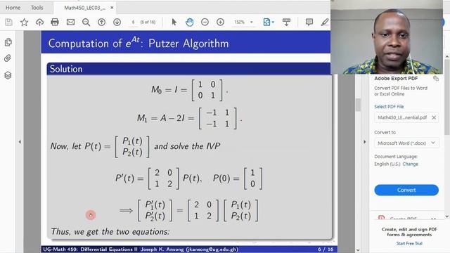 Math450-LEC06 The Matrix Exponential Function: Putzer Algorithm PART 1