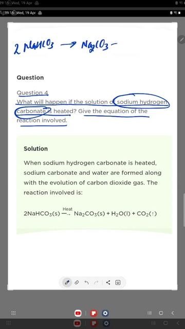 What will happen if a solution of sodium hydrocarbonate is heated?Give the equation of the reaction