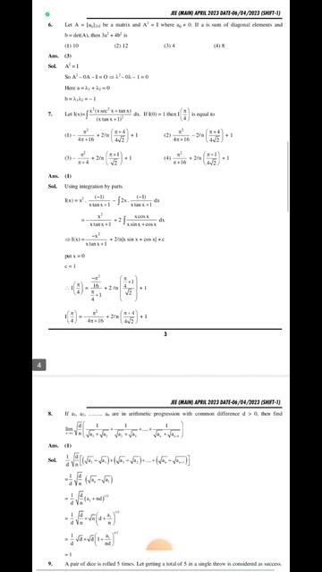 JEE Mains 2023 Official Paper With Solution Pdf🔥6 April 2023 Shift-1 Math Paper solution pdf#JEE202