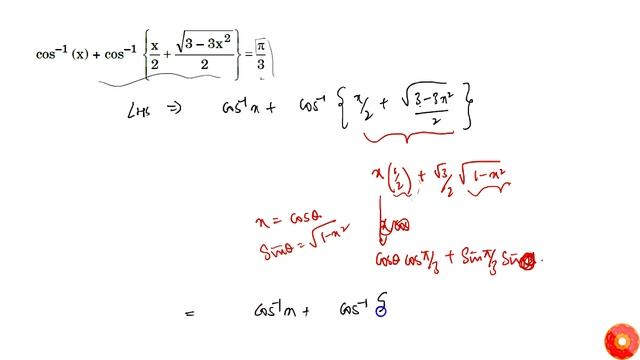 CBSE Class 12 Boards Maths Prove that:
 `cos^(-1)(x)+cos^(-1)"{"x/2+(sqrt(3-3x^2))/2")"=pi/3`