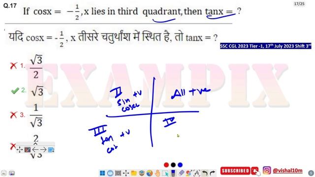 If cos x = - 1/2, x lies in third quadrant, then tan x = ?