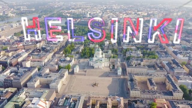 Inscription on video. Helsinki, Finland. City center aerial view. Helsinki Cathedral. Senate square