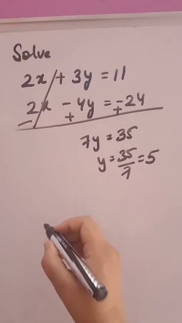 solve 2x + 3 y=11 ,2 x -4 y =- 24/shorts