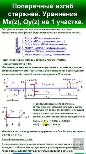 44.5 Решение задачи 3. Поперечный изгиб прямых стержней. Эпюры Мх Qу на 1 участке.