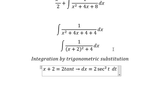 Calculus Help: Integral of (x^3+4x^2+8x+1)/(x^2+4x+8) dx - Integration by trigonometric substitutio