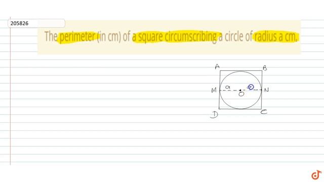 CBSE Class 10 Boards Maths The perimeter (in cm) of a square circumscribing a circle of radius a...