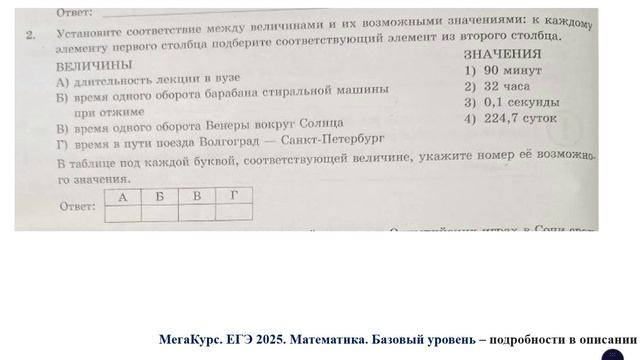 ЕГЭ. Математика. Базовый уровень. Задание 2. Установите соответствие между величинами и их ...
