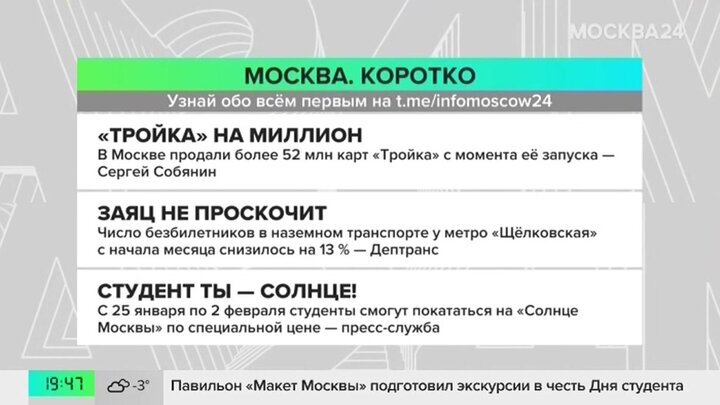 Новости часа: Собянин сообщил, что с 2013 года продано 52 млн карт "Тройка"