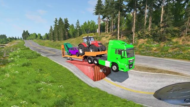 Double Flatbed Trailer Truck vs Speedbumps Train vs Cars Beamng.Drive #30