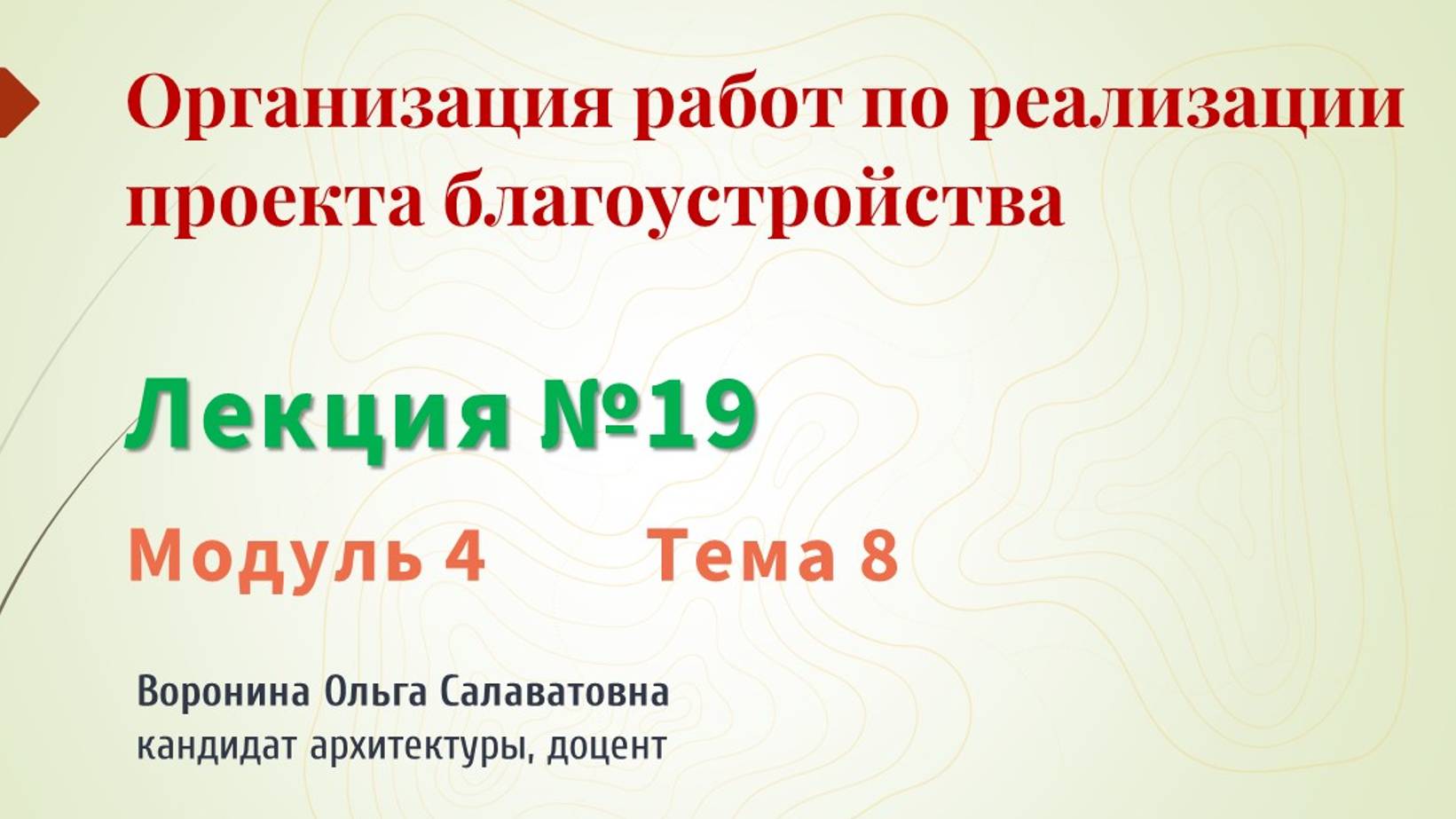 Организация работ по реализации проекта благоустройства
Лекция №19