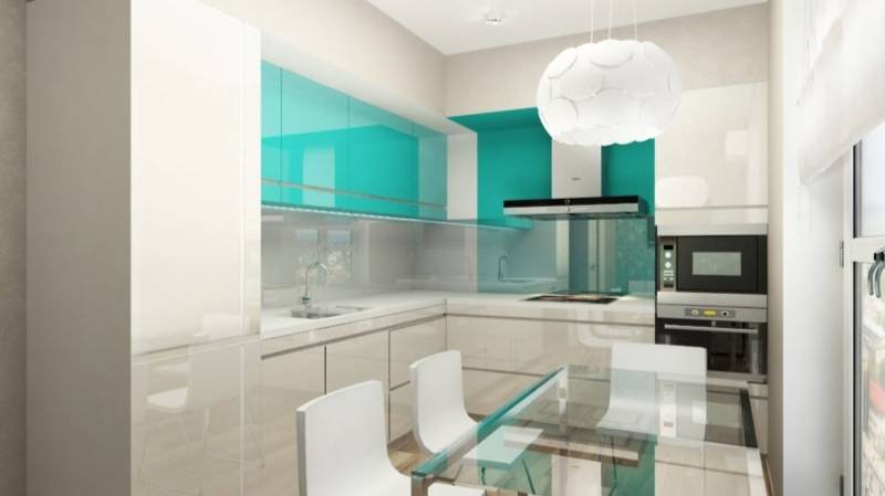 Большая бирюзовая кухня в современном стиле - идеи дизайна интерьера с невысоким бюджетом