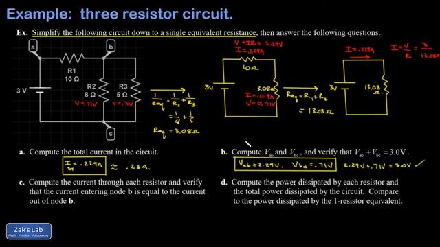 Solve the resistor network with parallel and series resistors:  current, voltage and power.