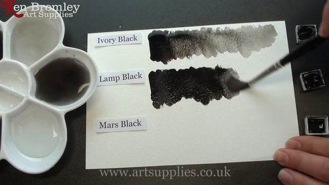 Winsor & Newton Artists' Water Colour paint. A Comparison of the blacks: Ivory, Lamp and Mars