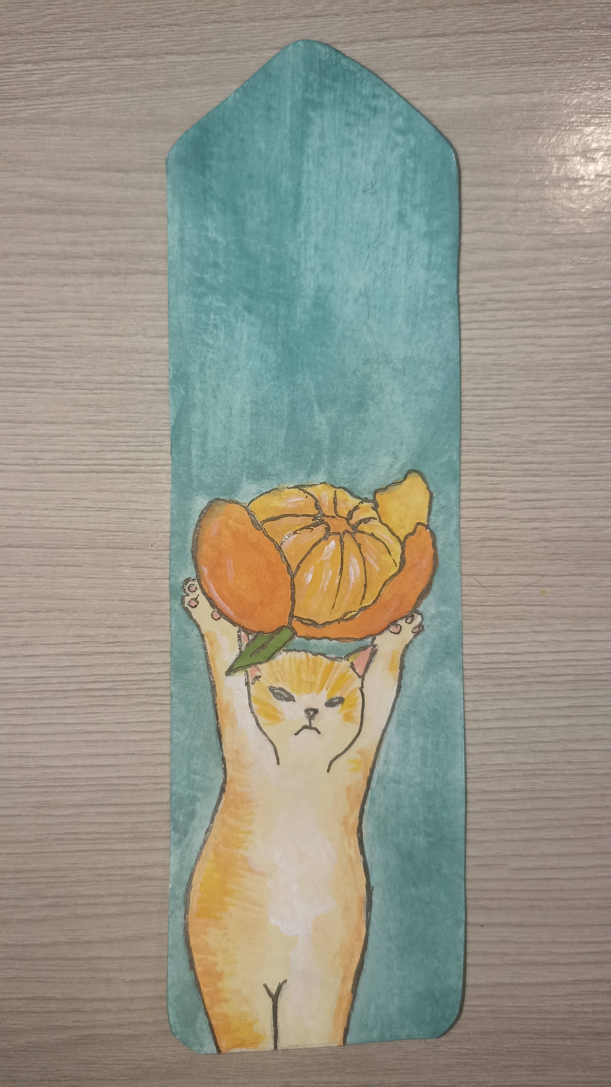 Рисунок гуашью / Котик держит мандаринку