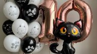 Композиция из воздушных шаров на 10 лет с чёрным котом и цифрами розовое золото