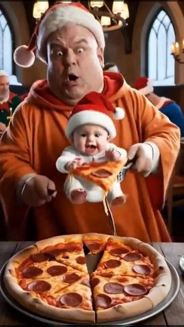 Baby Won't Let His Part Of Pizza With Santa #ai #funny #aiart #aisanta #aichristmas