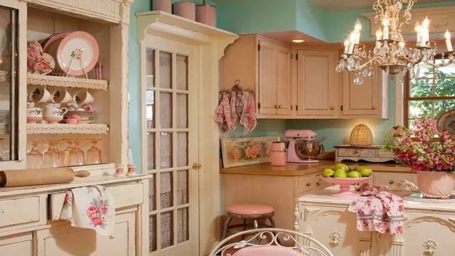 Огромная синяя кухня в стиле шебби-шик - идеи дизайна интерьера
