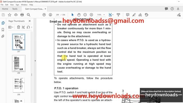 Gehl M100 Compact Excavator Operator's Manual 50940495