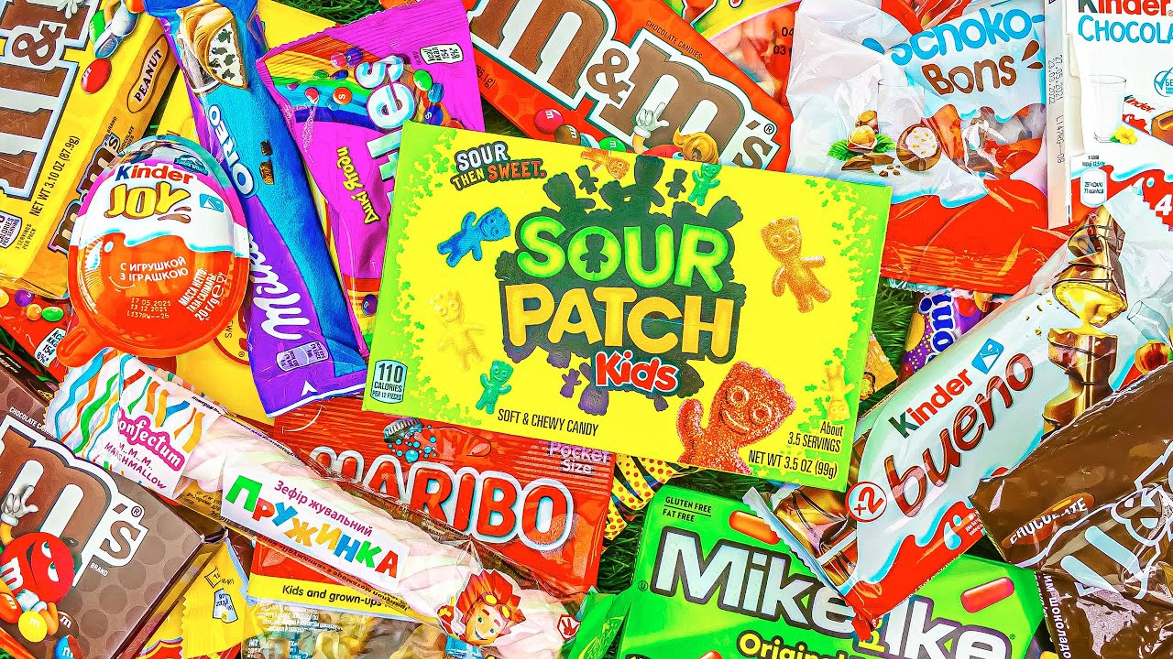 Новое вкусное видео с цветными конфетами, леденцами, Skittles и M&M's Rainbow Candy & Sour Patch ASM