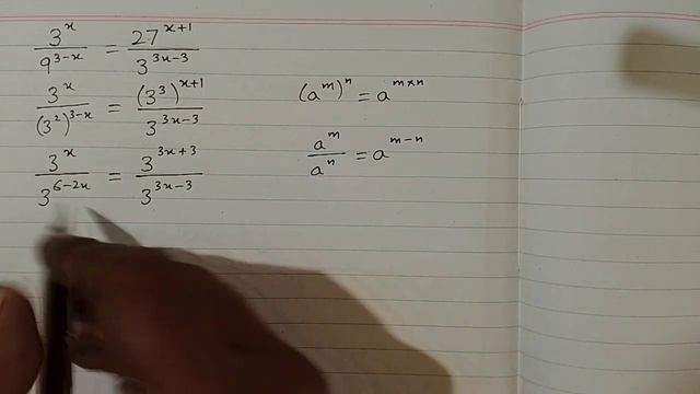 Exponential Equation || 3^x/9^(3-x)=27^(x+1)/3^(3x-3)