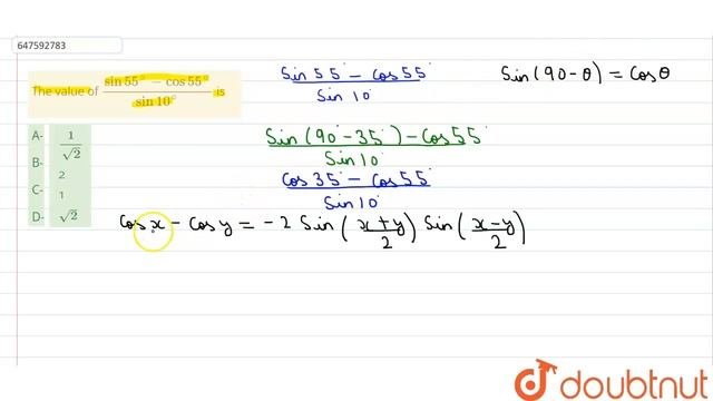 The Value Of  (sin 55^(@) - Cos 55^(@))/(sin10^(@) Is | CLASS 14 | ADVANCED TRIGONOMETRIC IDENTI...