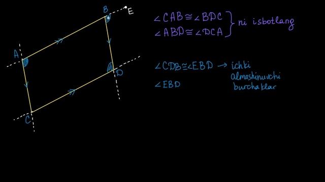 Paralellogrammning qarama-qarshi ichki burchaklarining tengligini isbotlash | Geometriya