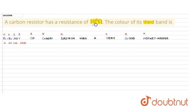 A carbon resistor has a resistance of 10^6 Omega. The colour of its third band is  | 12 | CURREN...