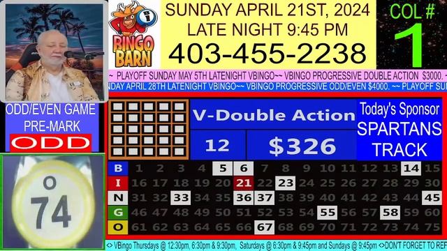 BINGO BARN - VBINGO SUNDAY -  APRIL 21ST, 2024 - LATE NIGHT 9:45PM