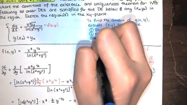 Sp. 2021 Quiz 1 Prob. 4 - Region where conditions of existence, uniqueness theorem are satisfied.
