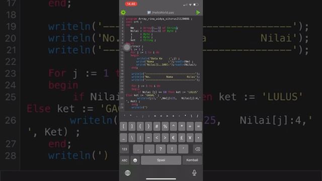 Membuat program menampilkan keterangan Lulus atau Gagal dengan menerapkan Array  Menggunakan Pascal