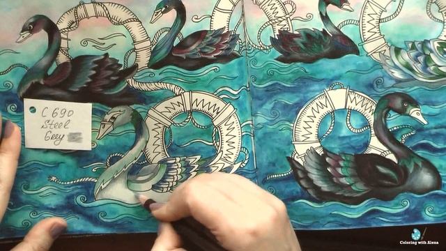 #Coloring in 'Escape to Christmas past' Swans a  swimming. Part 2 / Раскраска-антистресс