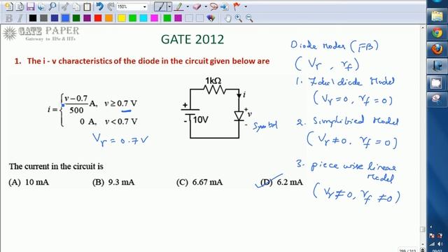 GATE 2012 ECE Diode model, piece wise linear model