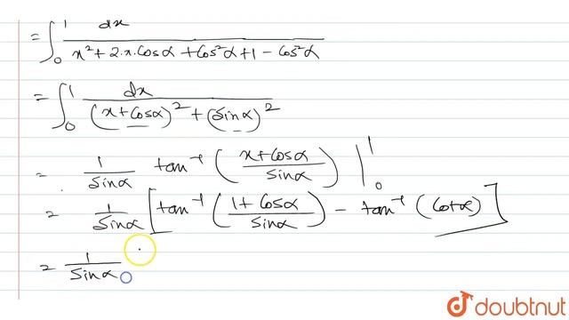 The value of the integralint_(0)^(1) (dx)/( x^(2)+2x cos alpha +1) is equal to -  | 12 | MCQ ZON...